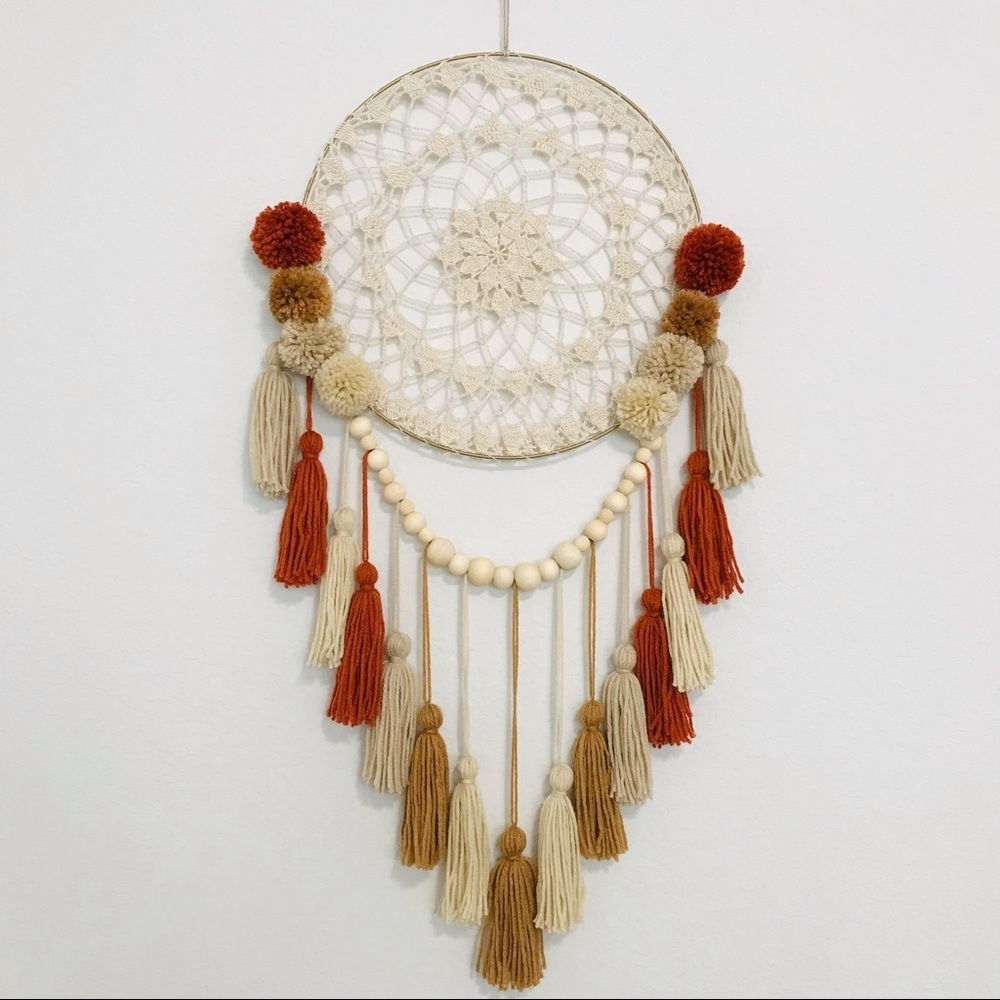 New! Handmade Bohemian Crochet Beaded Dreamcatcher Tan Rust Wall Home Decor